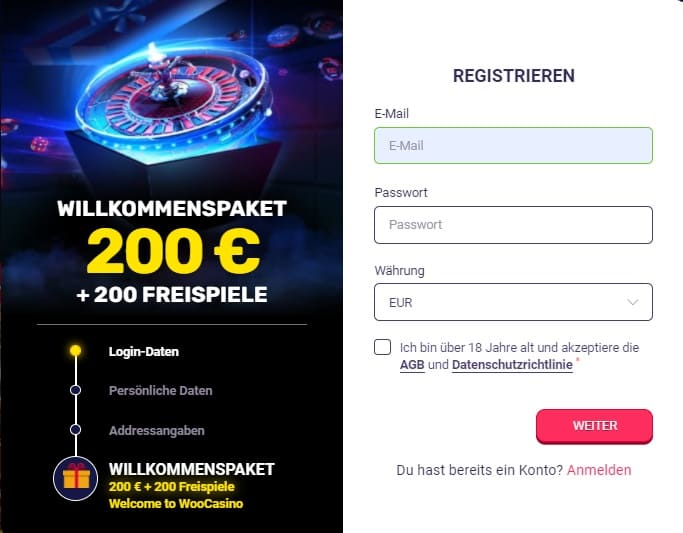 Kontoregistrierung bei Woo Casino