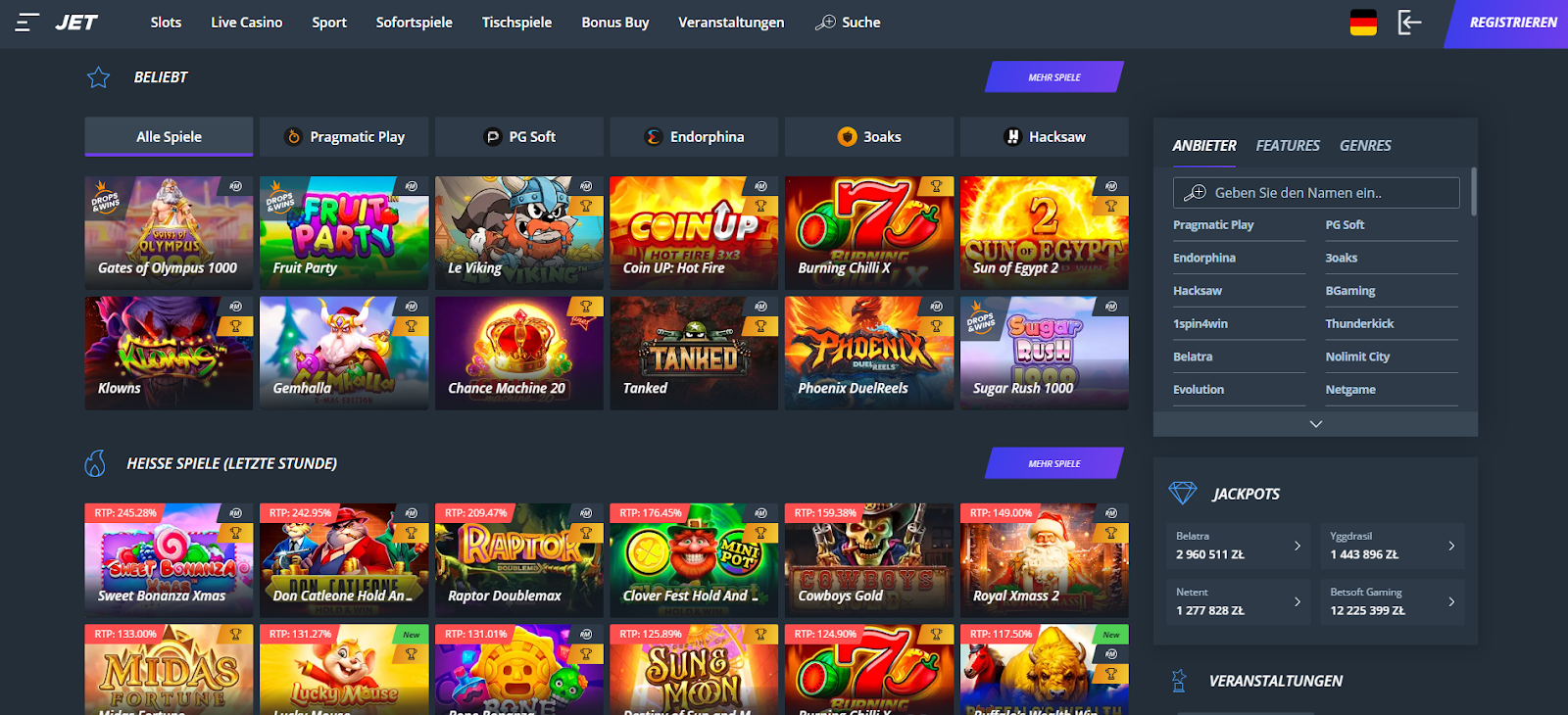 Spielautomatenbereich bei Jet Casino